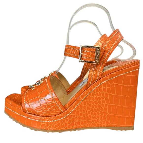 Jimmy Choo Croc Embossed Orange Leather Logo Wedge Sandals 40 - Picture 10 of 10